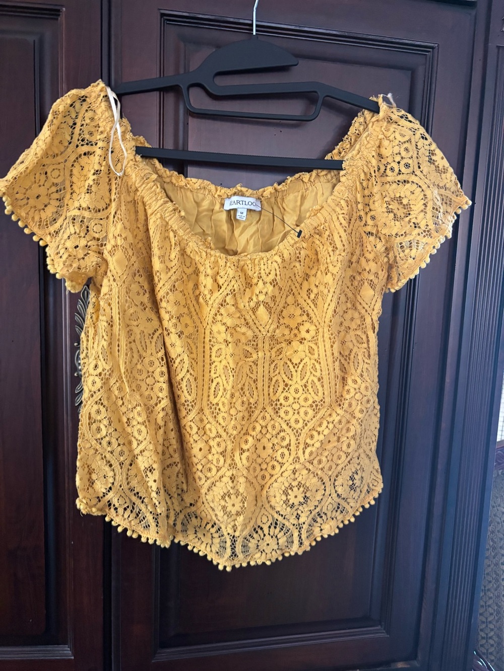 Heartloom Mustard Crochet Off-Shoulder Top